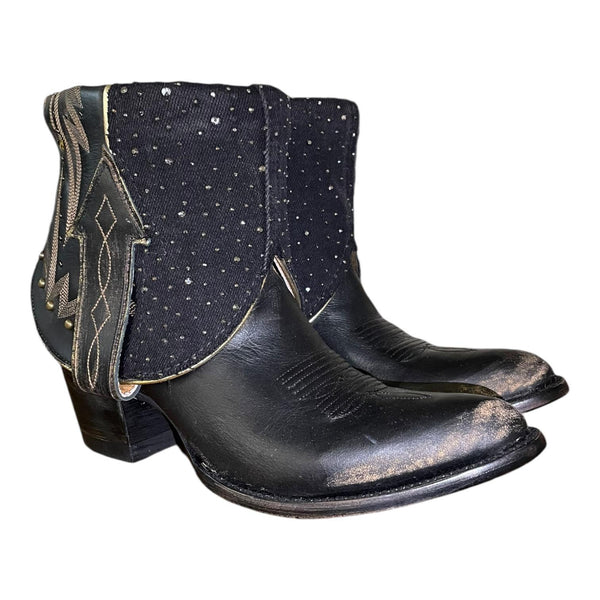 7.5 Embroidered & Studded with Black Rhinestone Denim Canty Boots®