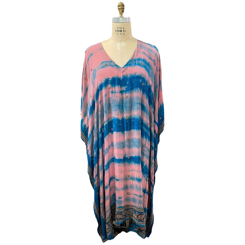 Blue & Pink Beaded Long Silk Caftan