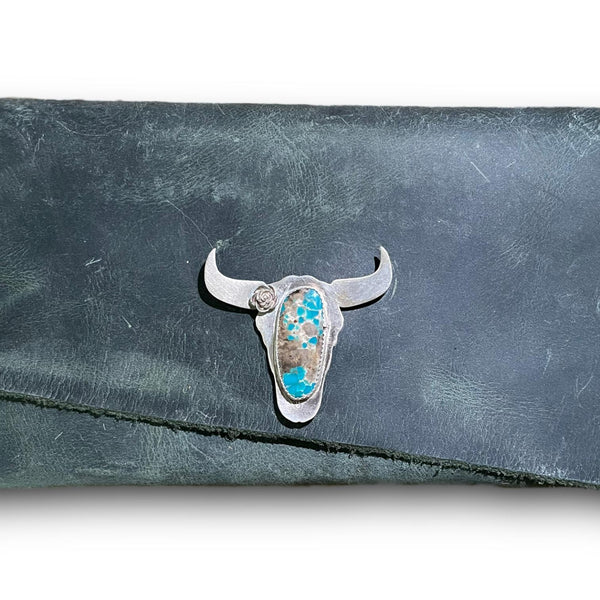 Green Leather Clutch with Fringe and Turquoise Cow Skull