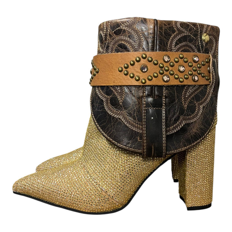 7.5 Brown & Gold Crystals Stacked Heel Canty Boots®