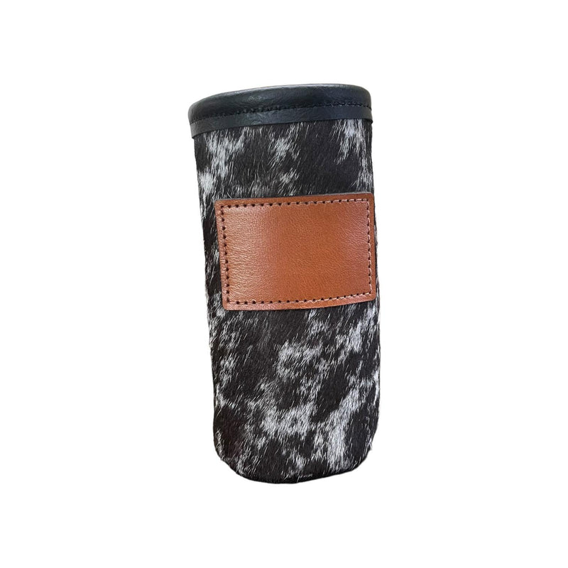 Cowhide Skinny Can Koozie with Customizable Leather Patch