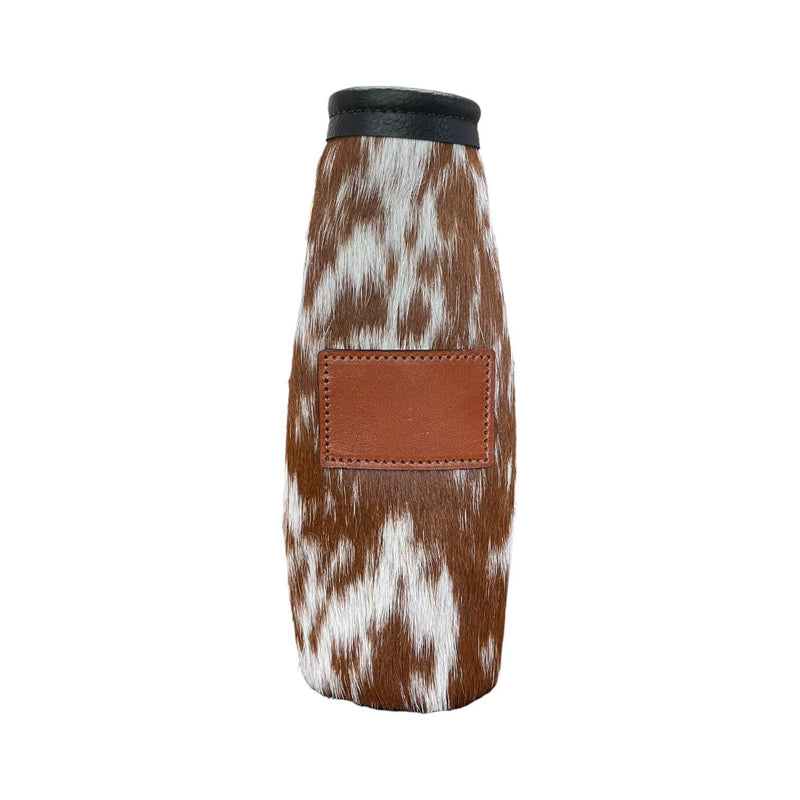 Cowhide Bottle Koozie with Customizable Leather Patch