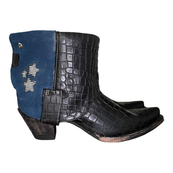 10 Embossed Exotic Black & Navy Blue Canty Boots® with Crystal Star Inlay