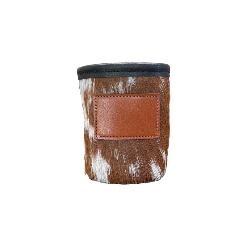 Cowhide Can Koozie with Customizable Leather Patch