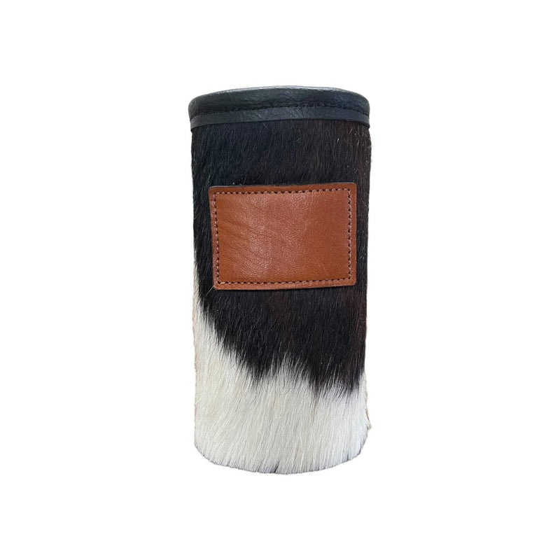 Cowhide Skinny Can Koozie with Customizable Leather Patch