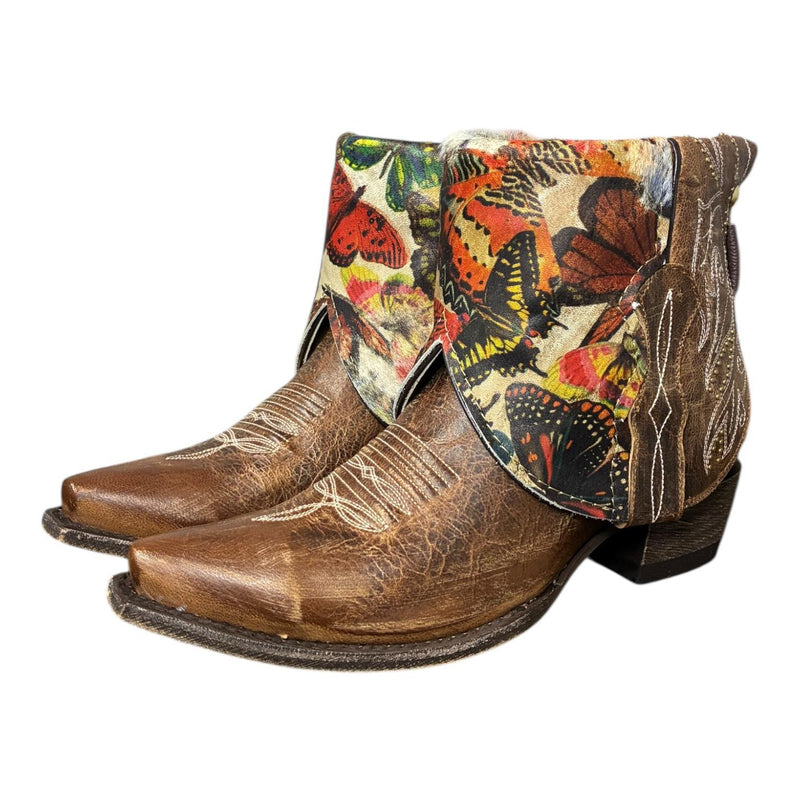 8.5 Studded Brown & Butterfly Printed Hair-on Hide Canty Boots®