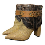 7.5 Brown & Gold Crystals Stacked Heel Canty Boots®