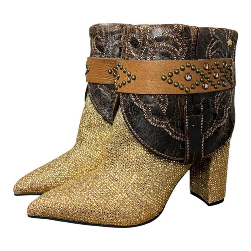 7.5 Brown & Gold Crystals Stacked Heel Canty Boots®