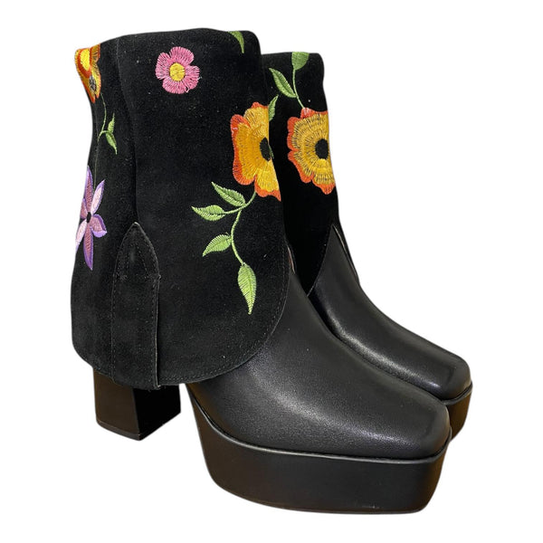 9.5 Black & Floral Embroidered Rough Out Platform Canty Boots®