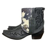 6.5 Embroidered Black & Cowhide Printed Leather Canty Boots® with Silver Conchos