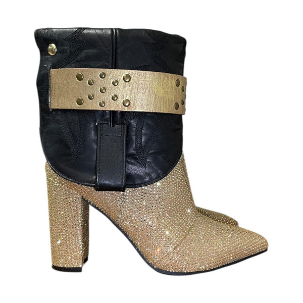 6 Black & Gold Crystals Stacked Heel Canty Boots®