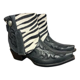 6.5 Embroidered Black & Zebra Striped Hair-on Hide Canty Boots® with Zebra Jasper Concho