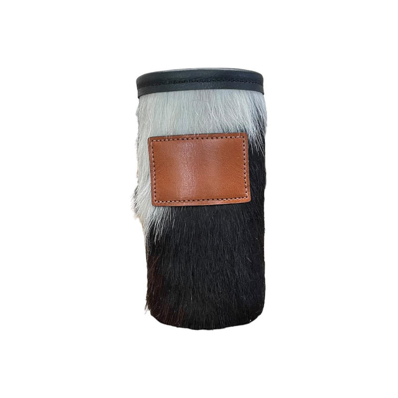 Cowhide Skinny Can Koozie with Customizable Leather Patch