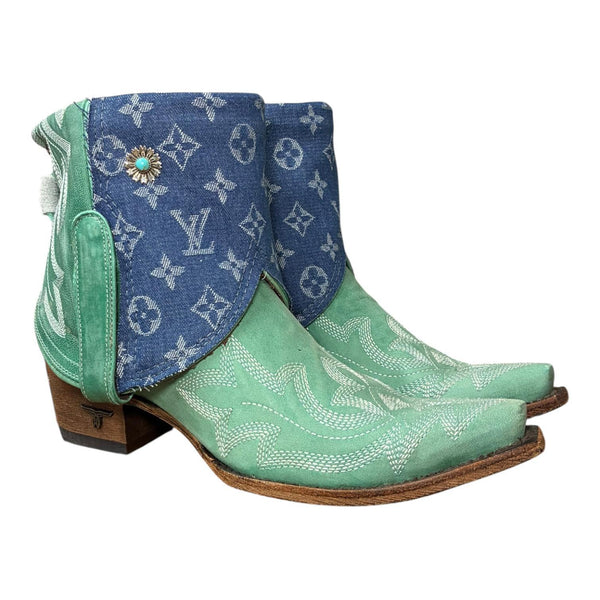 9.5 Embroidered Turquoise & Designer Denim Canty Boots® with Turquoise Flower Concho