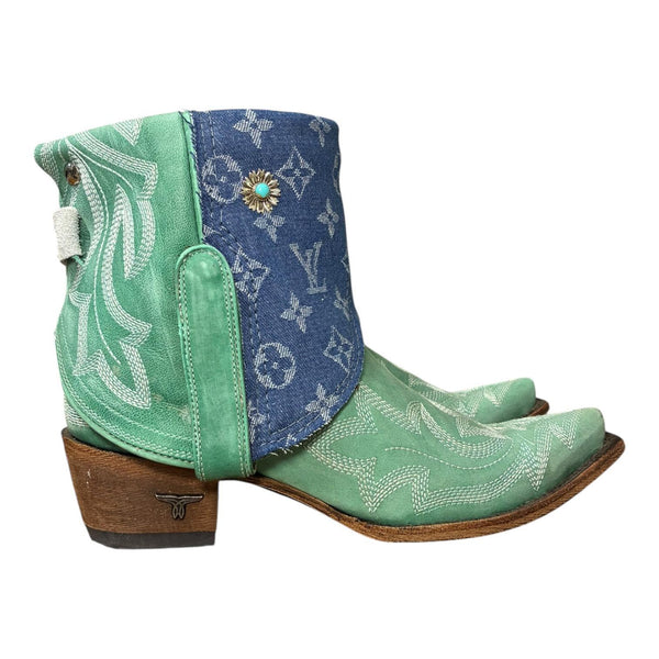 9.5 Embroidered Turquoise & Designer Denim Canty Boots® with Turquoise Flower Concho