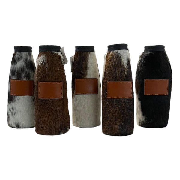 Cowhide Bottle Koozie with Customizable Leather Patch