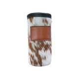 Cowhide Skinny Can Koozie with Customizable Leather Patch