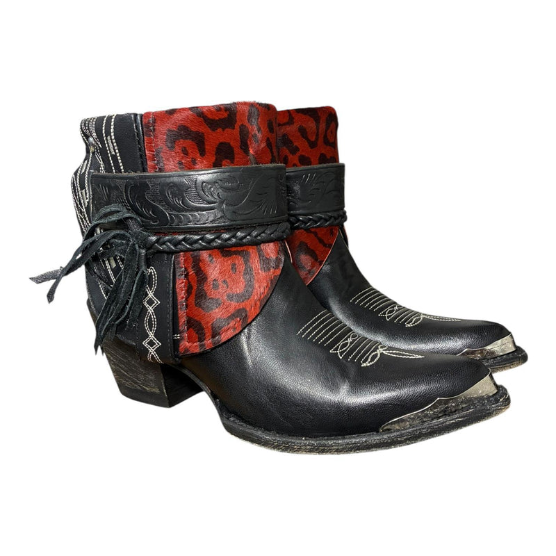 8.5 Embroidered Black & Red Leopard Hair-on Hide Canty Boots®