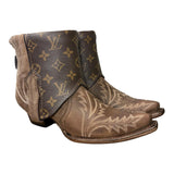 7 Embroidered Brown & Designer Canty Boots® with Pink Dahlia Concho