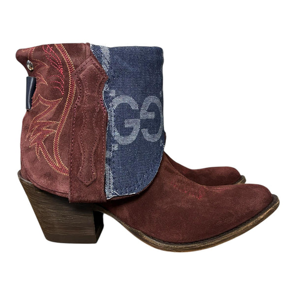8.5 Deep Red Rough Out & Designer Denim Canty Boots®