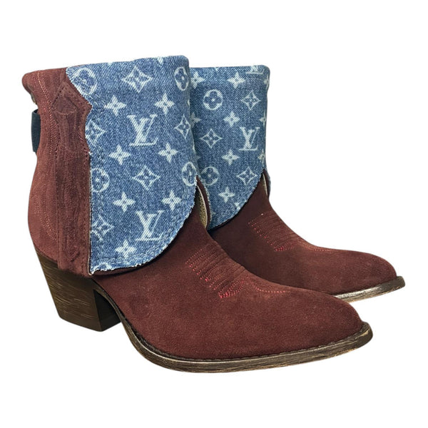 7 Deep Red Rough Out & Designer Denim Canty Boots®