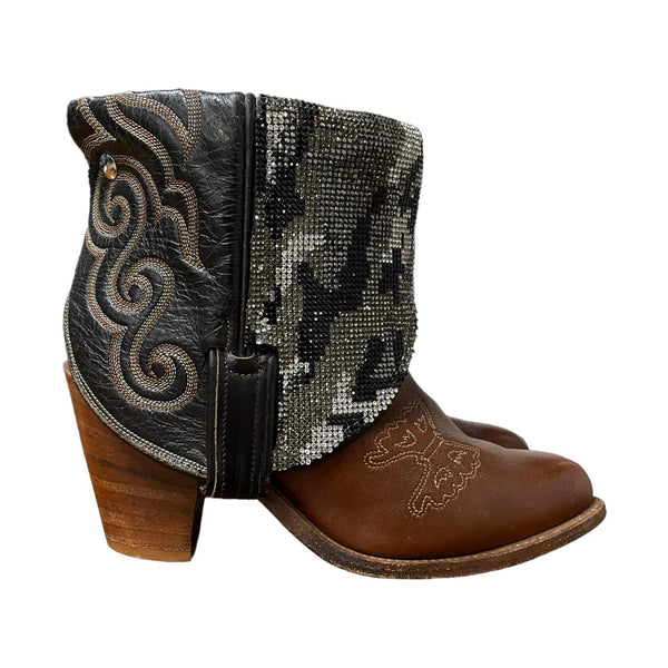 7 Brown Butterfly & Camo Crystal Stacked Heel Canty Boots®