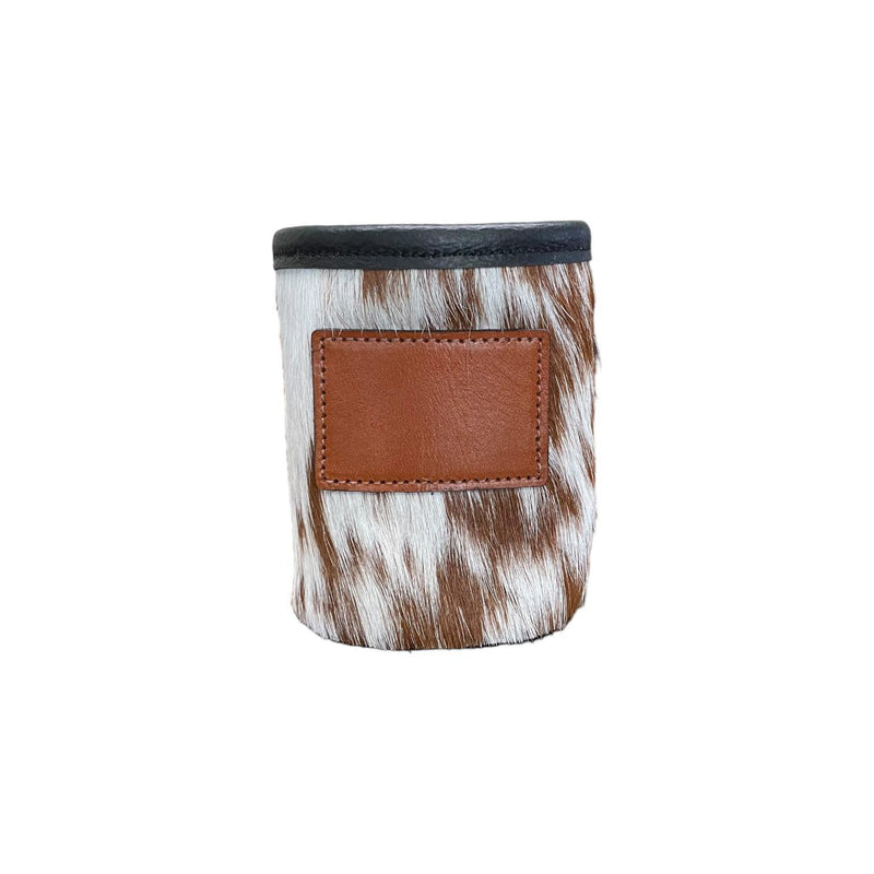 Cowhide Can Koozie with Customizable Leather Patch