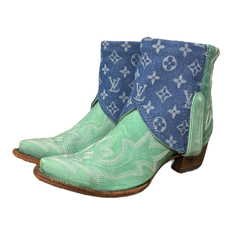 9.5 Embroidered Turquoise & Designer Denim Canty Boots® with Turquoise Flower Concho