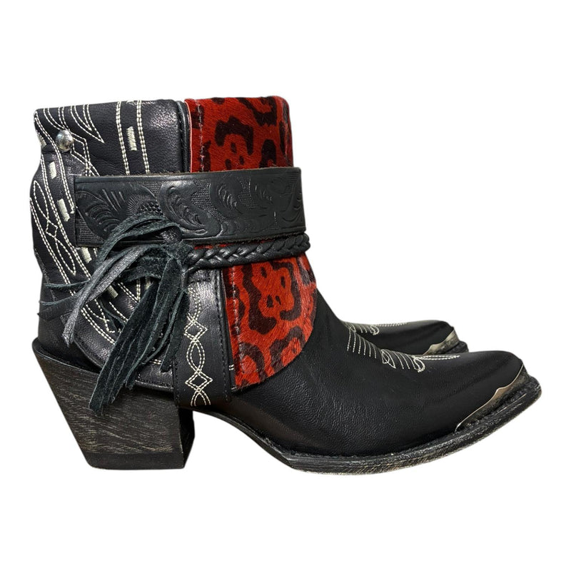 8.5 Embroidered Black & Red Leopard Hair-on Hide Canty Boots®