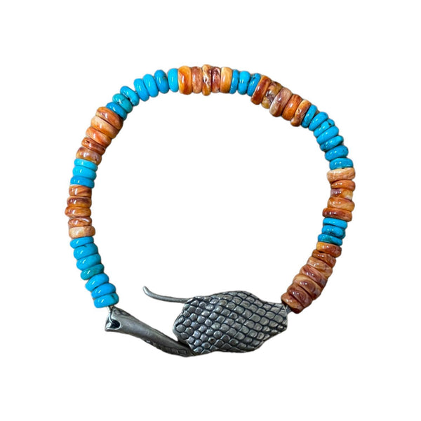 Sterling Silver Snake & Tail Bracelet with Turquoise & Dyed Howlite