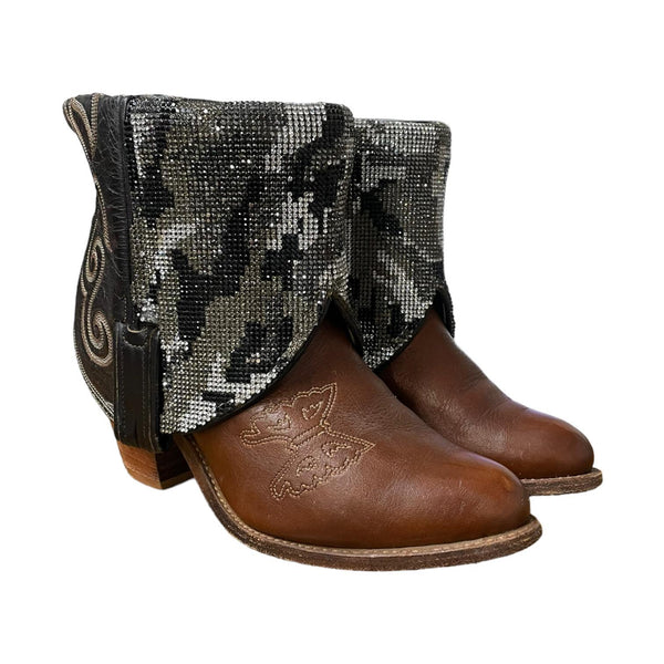 7 Brown Butterfly & Camo Crystal Stacked Heel Canty Boots®