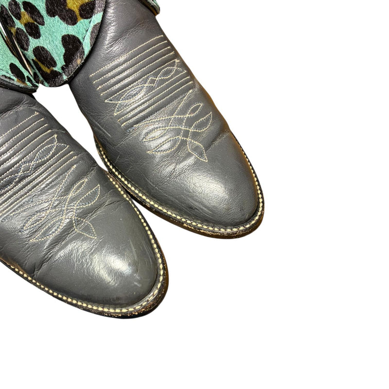 8.5 Gray & Turquoise Leopard Hair-on Hide Canty Boots®