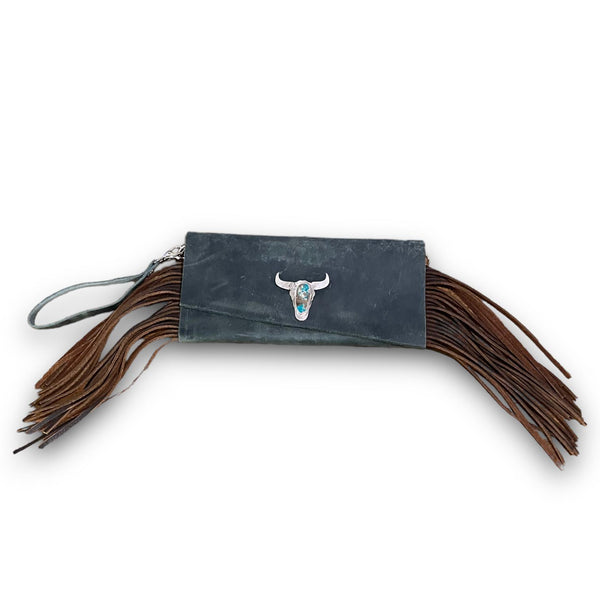 Green Leather Clutch with Fringe and Turquoise Cow Skull