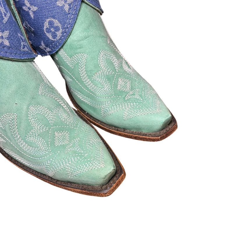 9.5 Embroidered Turquoise & Designer Denim Canty Boots® with Turquoise Flower Concho
