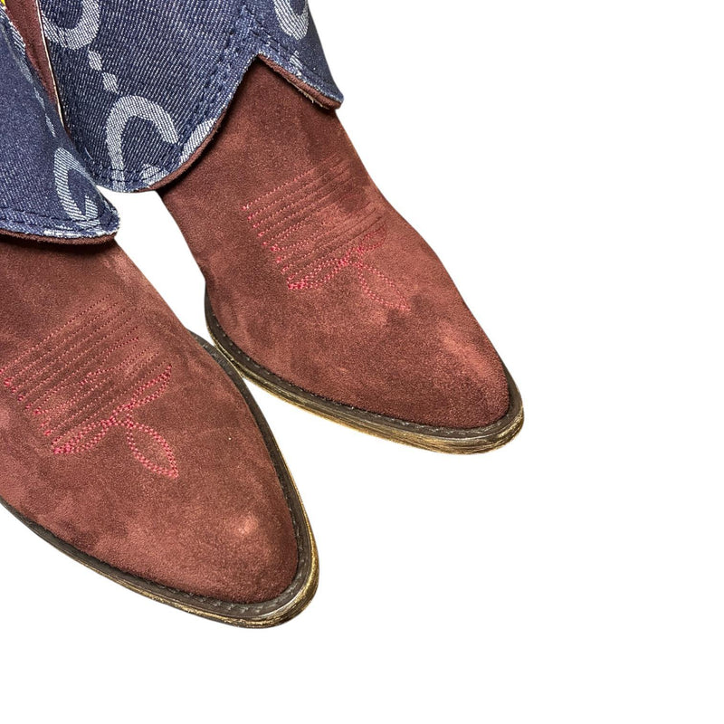 8.5 Deep Red Rough Out & Designer Denim Canty Boots®
