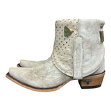 7 Embroidered White & Cream Leather Canty Boots® with Turquoise Concho