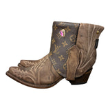 7 Embroidered Brown & Designer Canty Boots® with Pink Dahlia Concho
