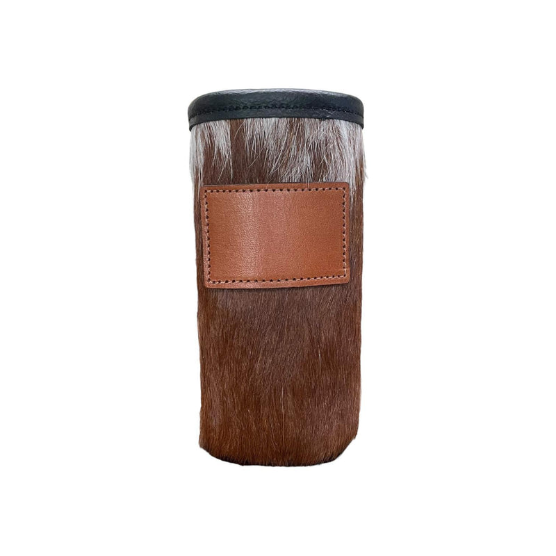 Cowhide Skinny Can Koozie with Customizable Leather Patch