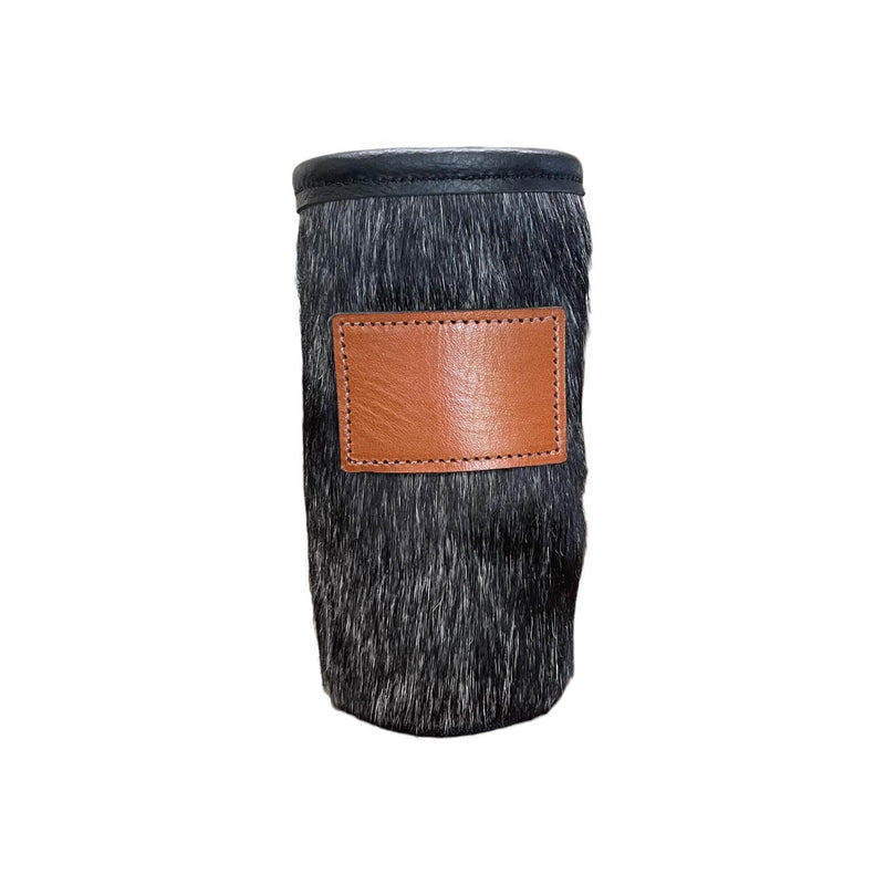 Cowhide Skinny Can Koozie with Customizable Leather Patch