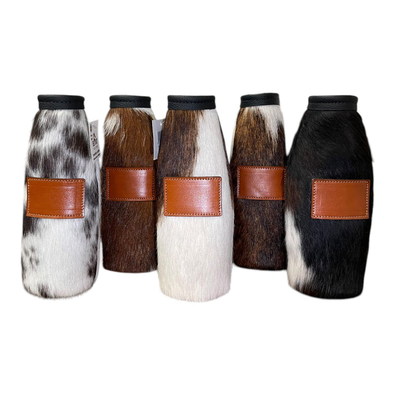 Cowhide Bottle Koozie with Customizable Leather Patch