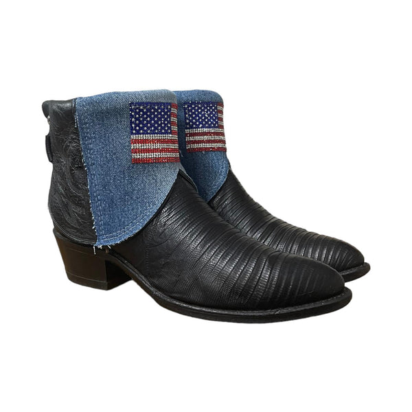 10 Exotic Black & Denim Canty Boots® with Crystal USA Flag Patches