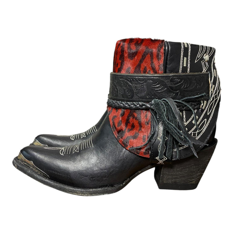 8.5 Embroidered Black & Red Leopard Hair-on Hide Canty Boots®