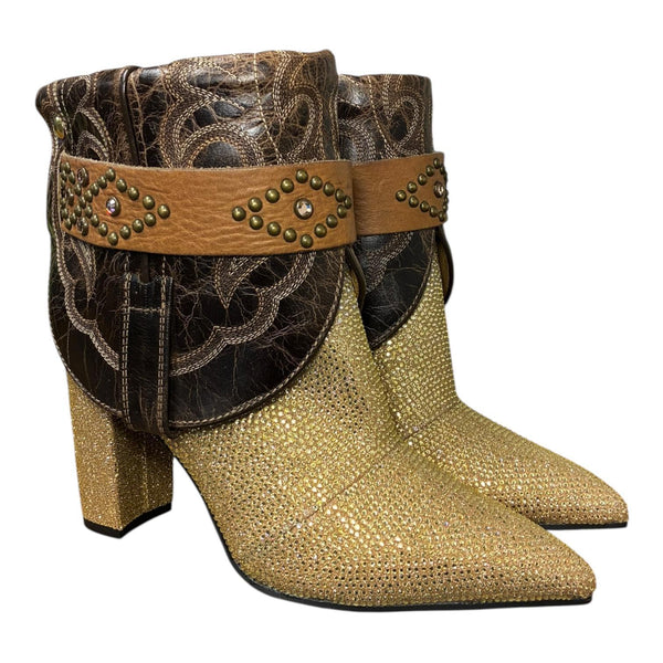7.5 Brown & Gold Crystals Stacked Heel Canty Boots®