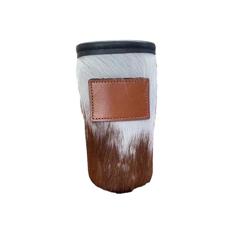 Cowhide Skinny Can Koozie with Customizable Leather Patch