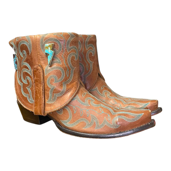 9 Embroidered Brown & Turquoise Canty Boots® with Turquoise Lightning Bolt