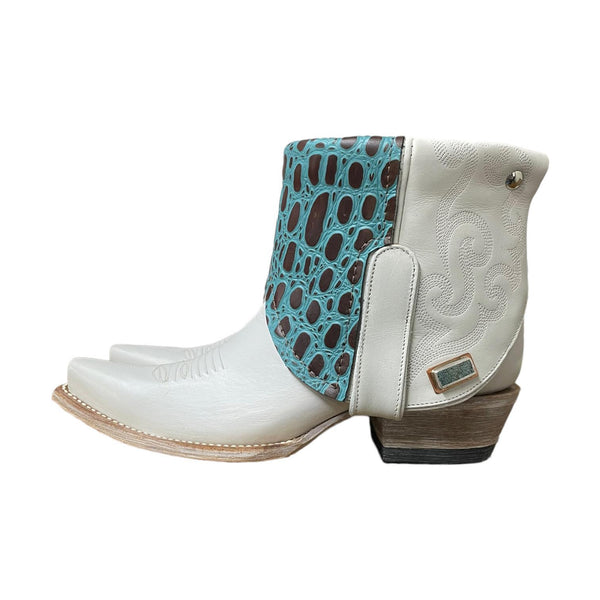 8 White & Teal Canty Boots® with Turquoise Concho