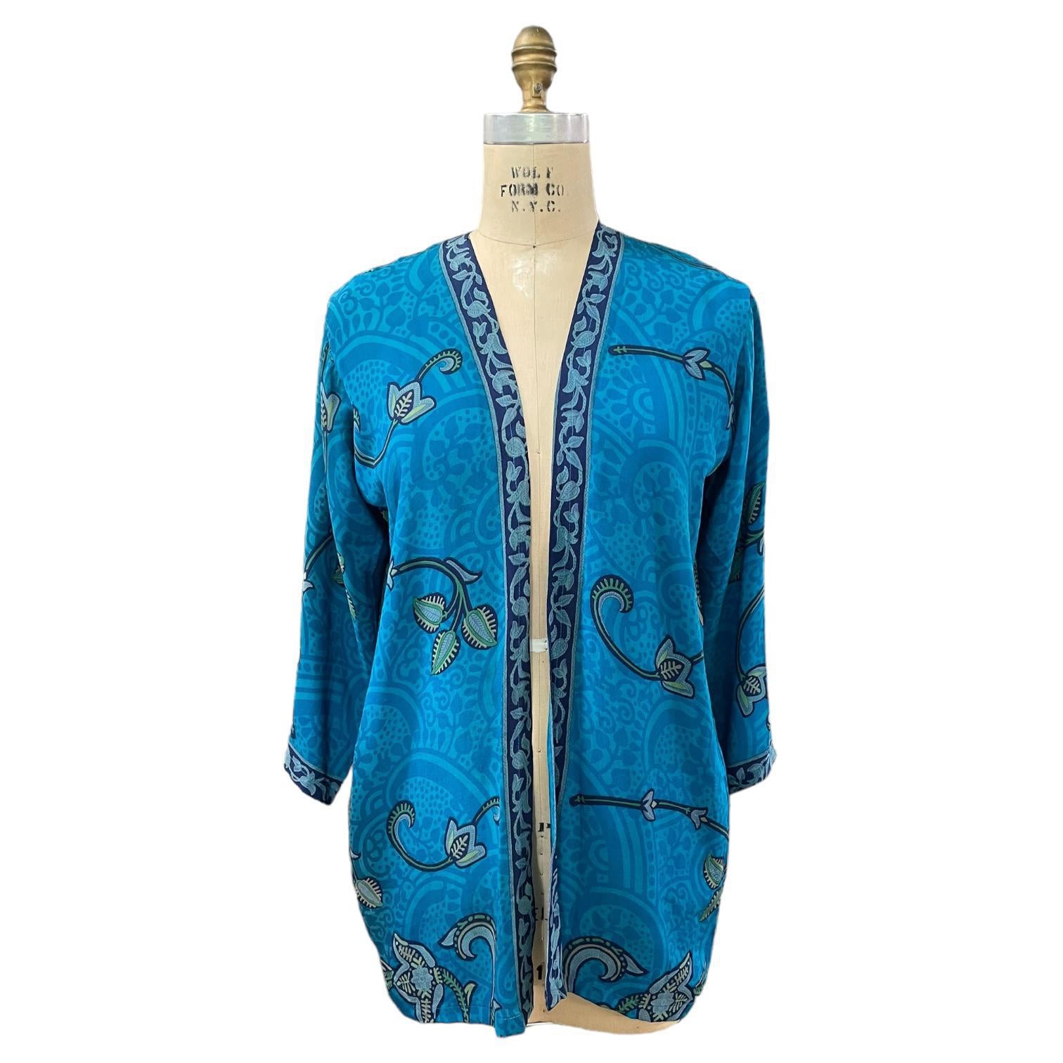 Blue Floral Print Short Silk Jacket – Canty Boots