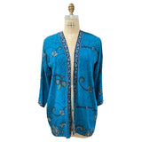 Blue Floral Print Short Silk Jacket