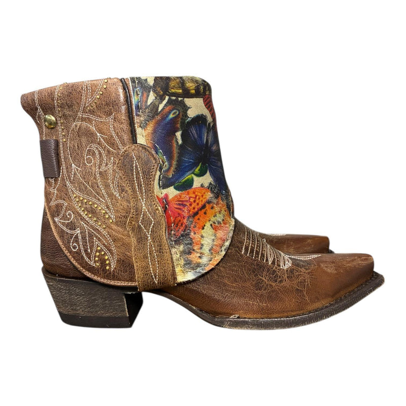 8.5 Studded Brown & Butterfly Printed Hair-on Hide Canty Boots®