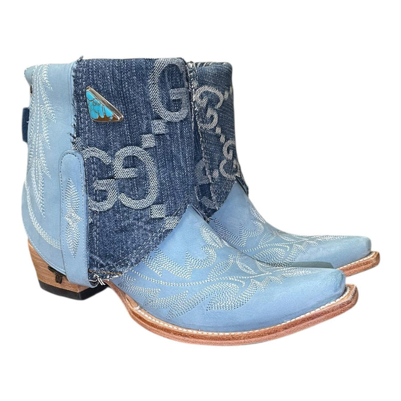 8 Embroidered Blue & Designer Denim Canty Boots® with Turquoise Concho